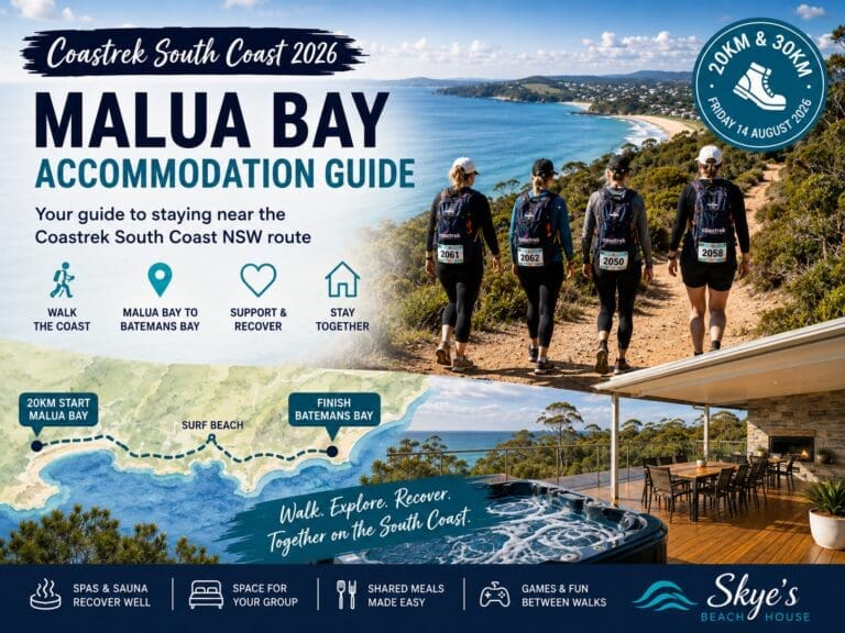 Featured image for a Coastrek South Coast 2026 accommodation guide, showing a premium Malua Bay coastal walking event style with beach-house recovery cues.