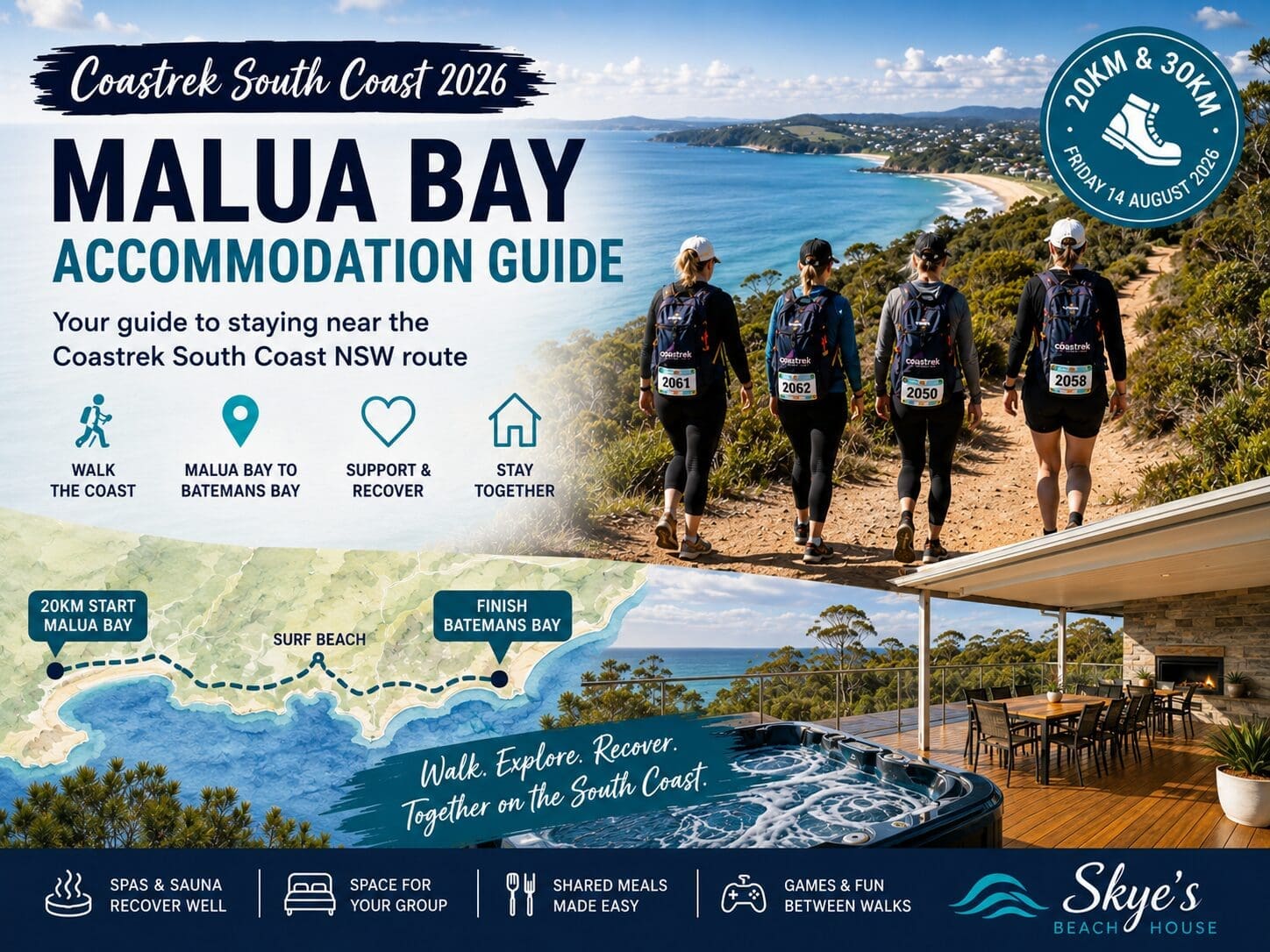 Featured image for a Coastrek South Coast 2026 accommodation guide, showing a premium Malua Bay coastal walking event style with beach-house recovery cues.