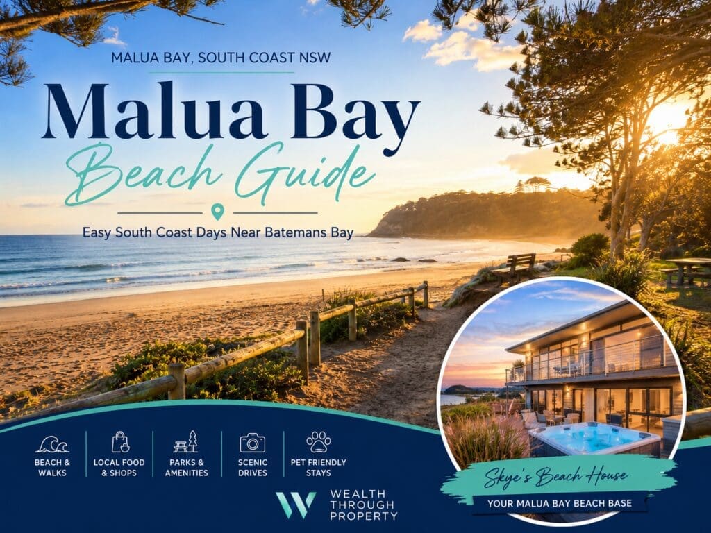 Featured image for a Malua Bay Beach guide near Batemans Bay, showing a premium South Coast beach holiday style with Skye’s Beach House positioned as the featured stay.