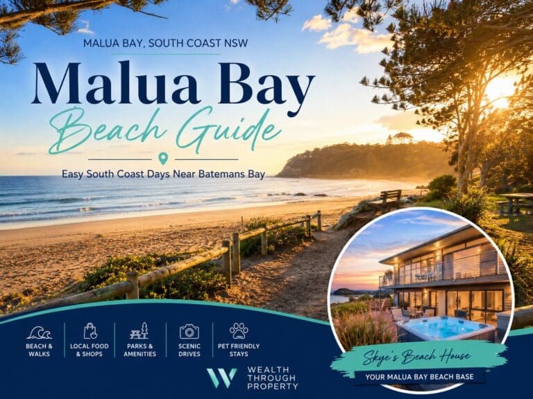 Featured image for a Malua Bay Beach guide near Batemans Bay, showing a premium South Coast beach holiday style with Skye’s Beach House positioned as the featured stay.