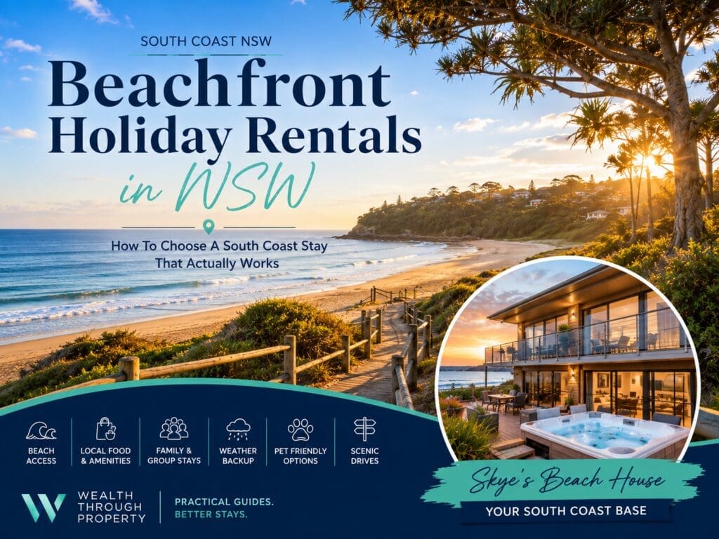Featured image for a NSW beachfront holiday rentals guide, showing a South Coast beach setting with a premium beachside holiday home near Malua Bay.