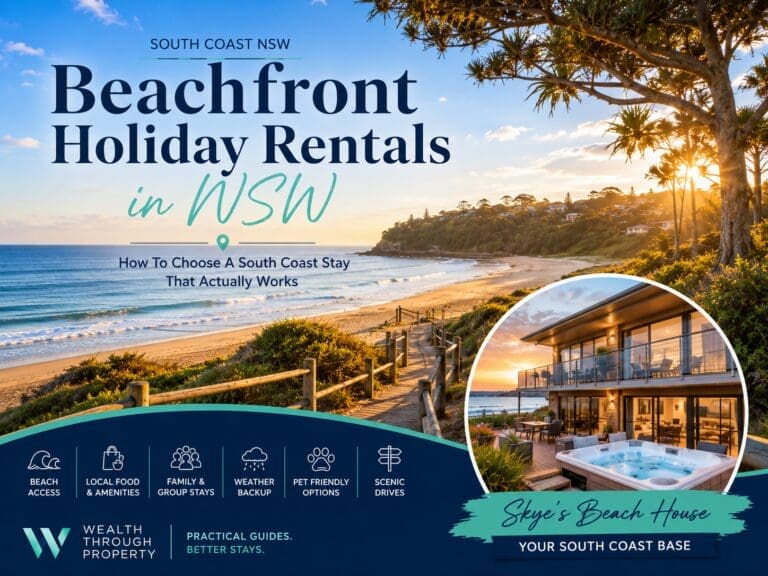 Featured image for a NSW beachfront holiday rentals guide, showing a South Coast beach setting with a premium beachside holiday home near Malua Bay.