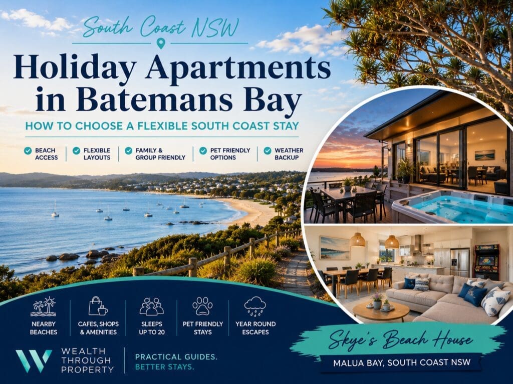 Featured image for a Batemans Bay holiday apartments guide, showing a South Coast beach setting with flexible accommodation and Skye’s Beach House as a featured Malua Bay stay.