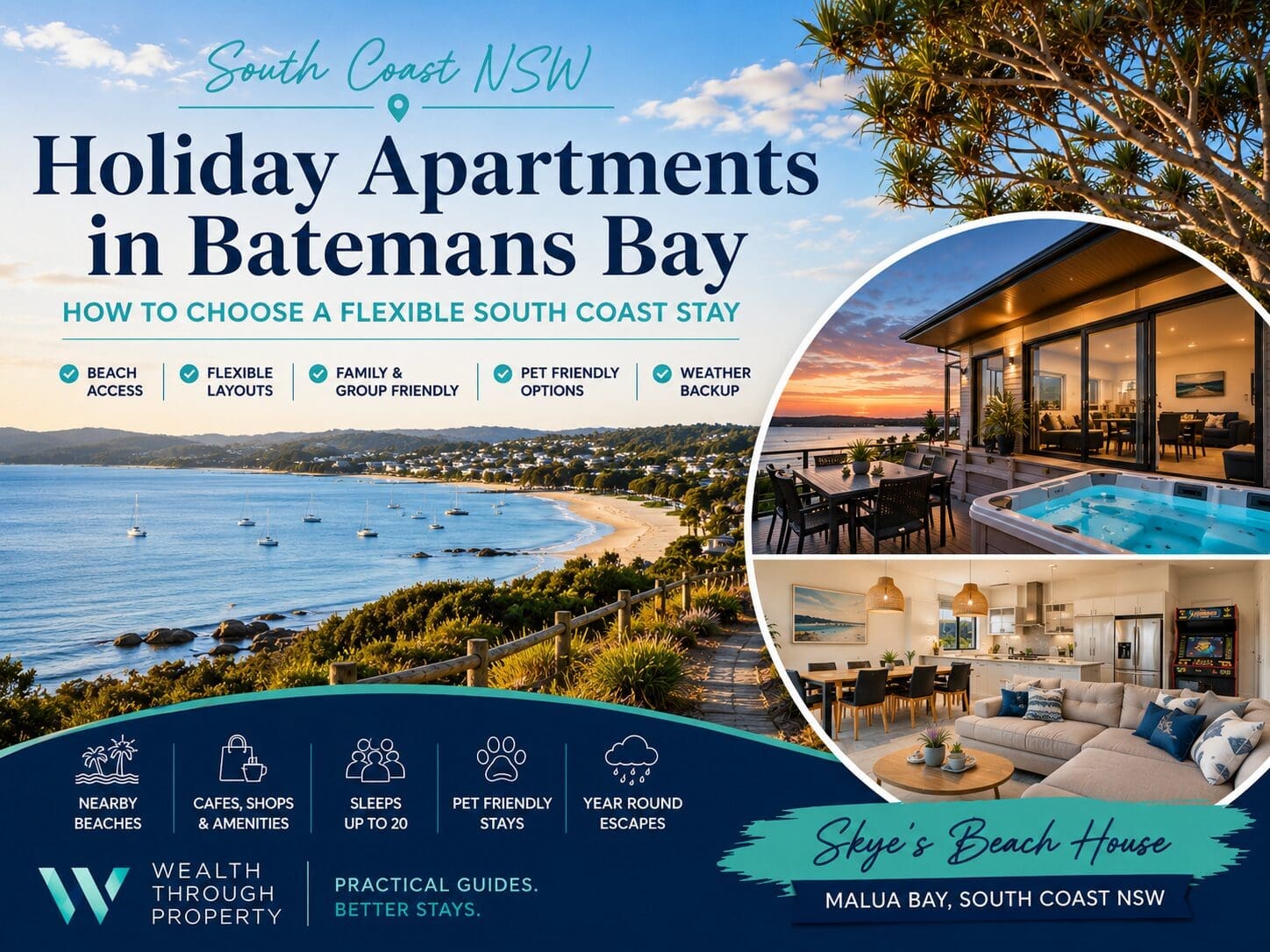 Featured image for a Batemans Bay holiday apartments guide, showing a South Coast beach setting with flexible accommodation and Skye’s Beach House as a featured Malua Bay stay.