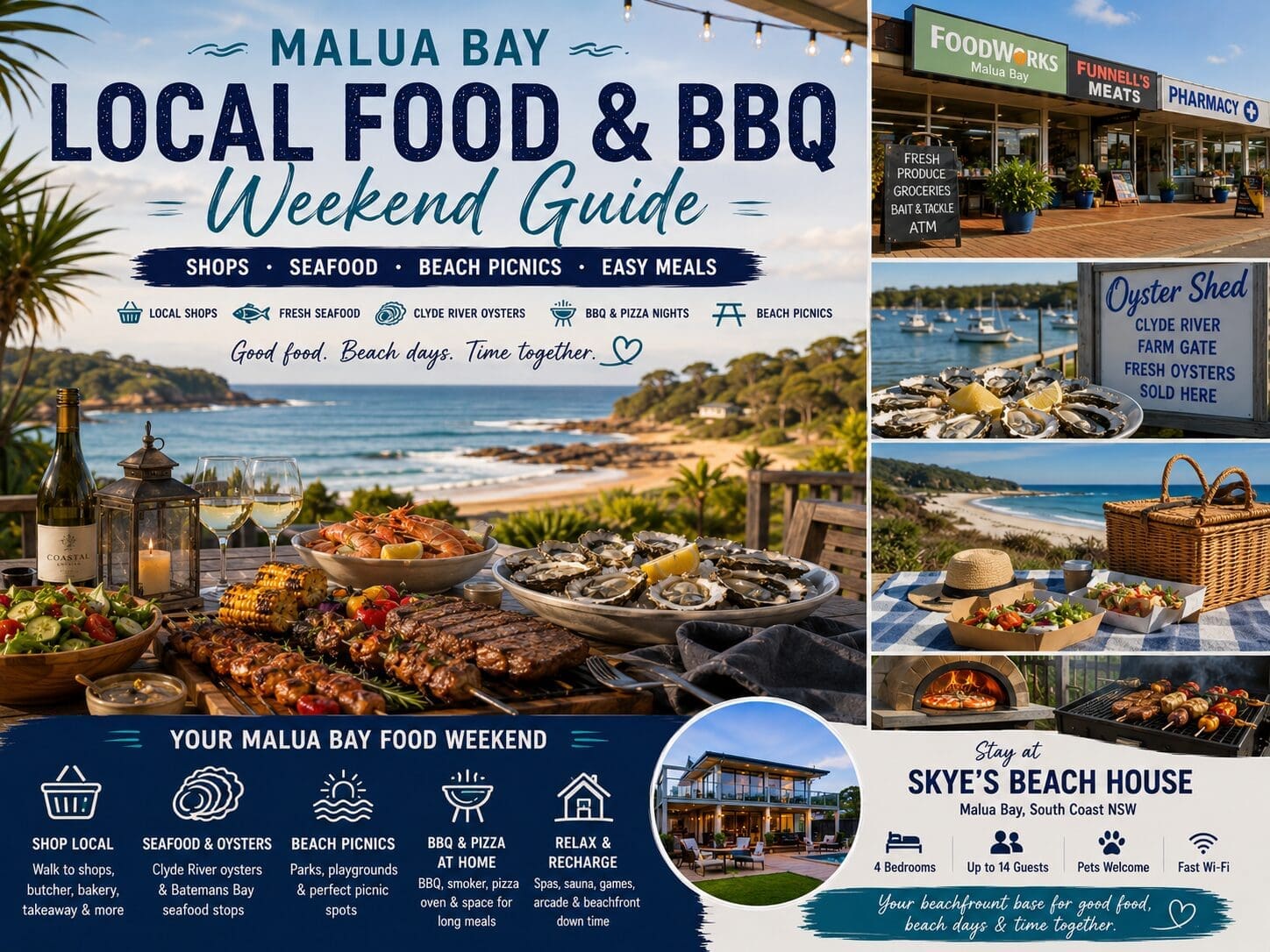 Featured image for a Malua Bay local food and BBQ weekend guide, showing South Coast beach views, local seafood, picnic food, BBQ meals and Skye’s Beach House.