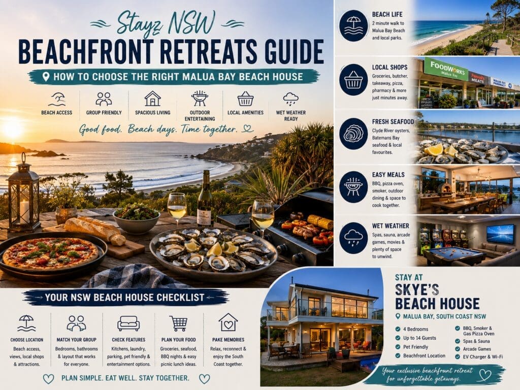 Featured image for a Stayz NSW beachfront retreats guide, showing Malua Bay beach access, group-friendly beach house features, local shops and South Coast NSW coastal scenery.