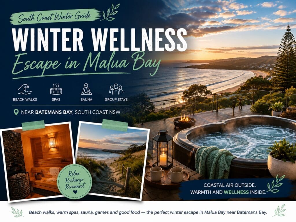 Featured image for a winter wellness escape guide in Malua Bay near Batemans Bay, showing South Coast beach scenery and cosy spa-style holiday cues.