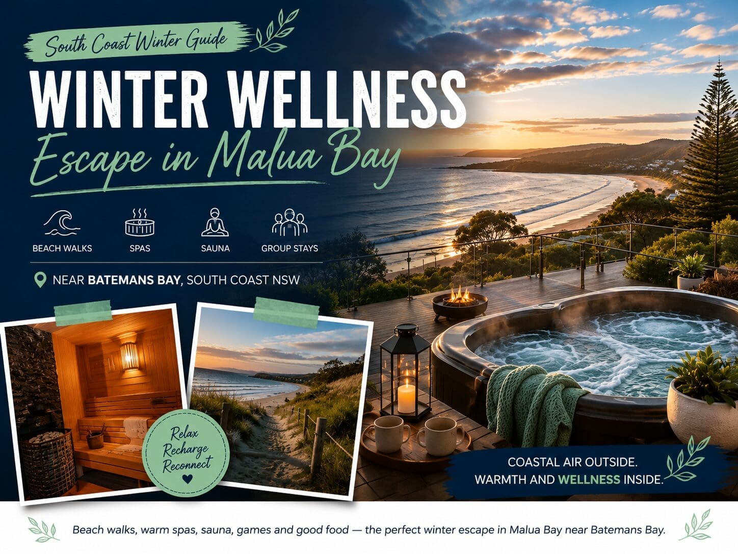 Featured image for a winter wellness escape guide in Malua Bay near Batemans Bay, showing South Coast beach scenery and cosy spa-style holiday cues.