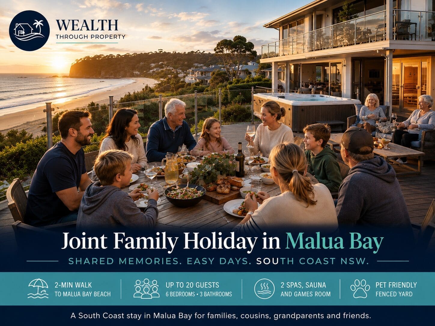 Featured image for a joint family holiday guide in Malua Bay, showing a South Coast beach-house stay for families, cousins and grandparents.