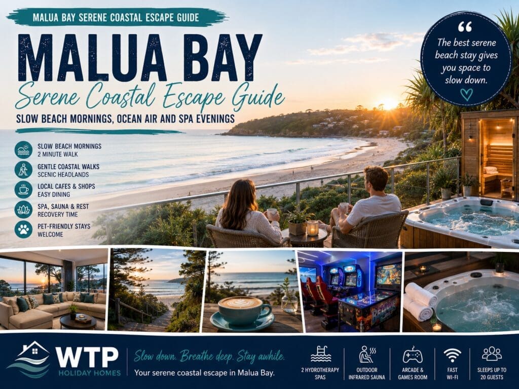 Featured image for a Malua Bay serene coastal escape guide showing slow beach mornings, ocean air, gentle walks, spa evenings and Skye’s Beach House.