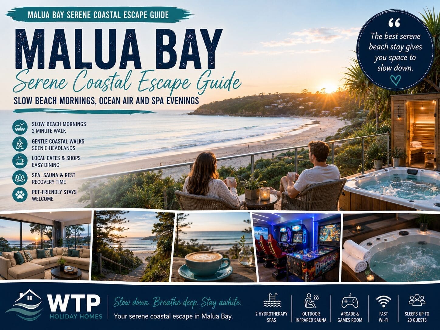 Featured image for a Malua Bay serene coastal escape guide showing slow beach mornings, ocean air, gentle walks, spa evenings and Skye’s Beach House.