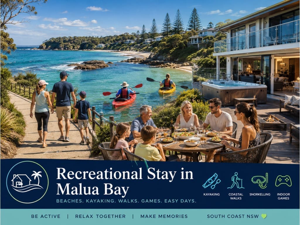 Featured image for a recreational Malua Bay stay guide, showing South Coast beach activities, kayaking, walking and a coastal holiday base near Batemans Bay.