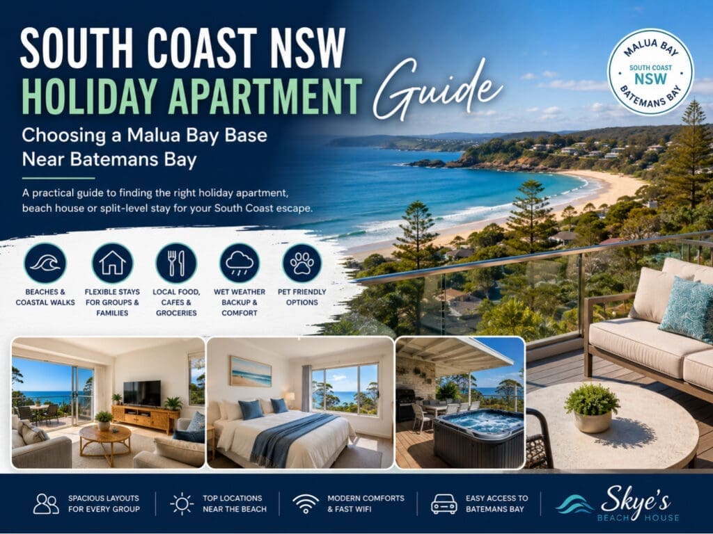 Featured image for a South Coast NSW holiday apartment guide, showing Malua Bay coastline and flexible beach-house accommodation near Batemans Bay.