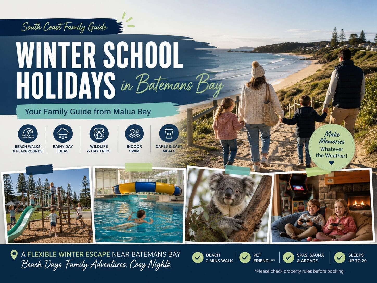 Featured image for a winter school holidays guide in Batemans Bay and Malua Bay, showing South Coast beach, family activity and cosy group-stay cues.
